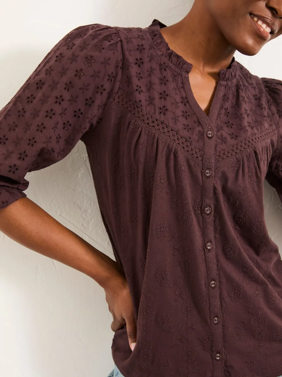 FatFace Claire Chocolate Brown Broderie Top