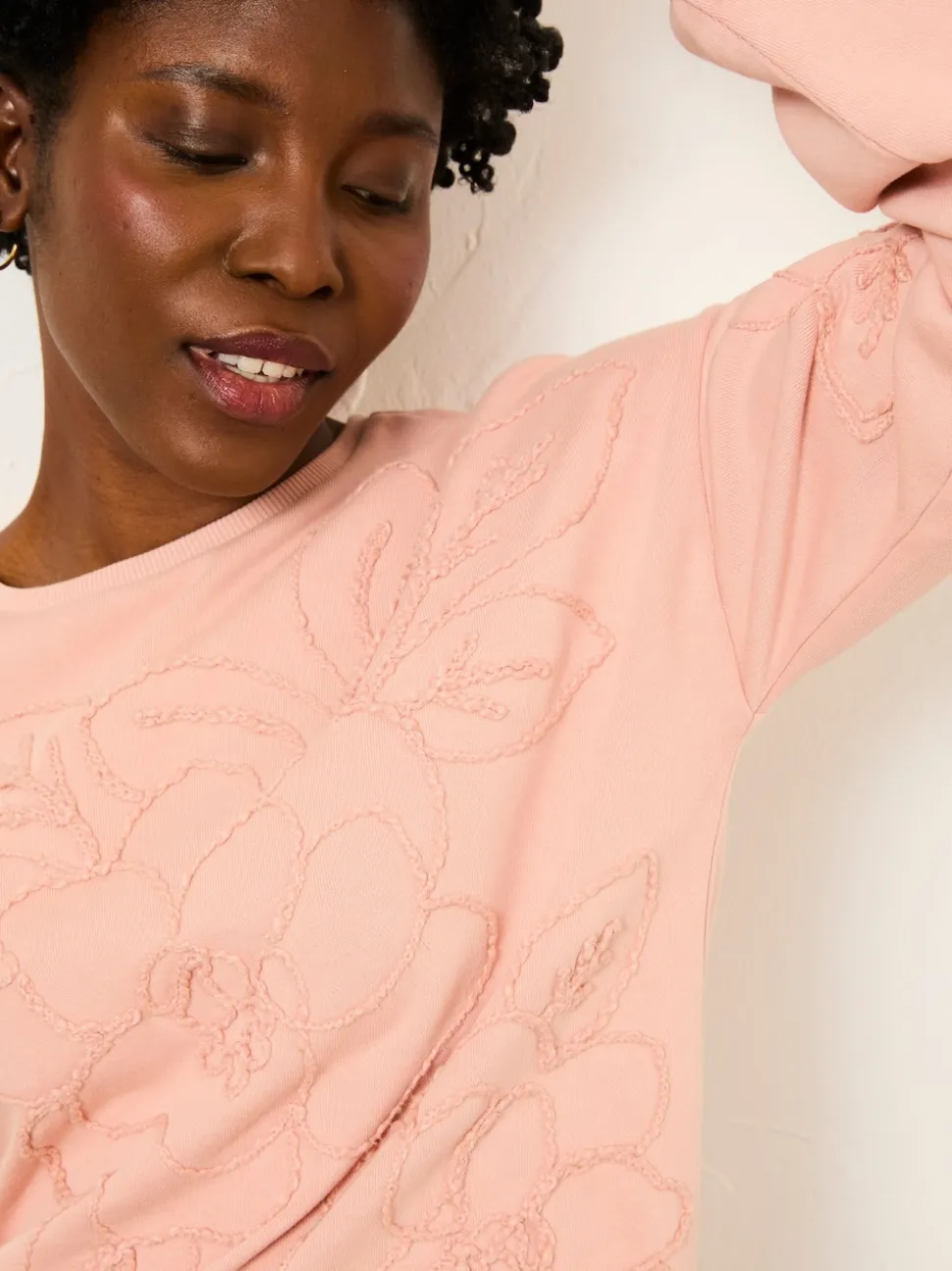 FatFace Coral Pink Floral Embroidered Crew Sweat