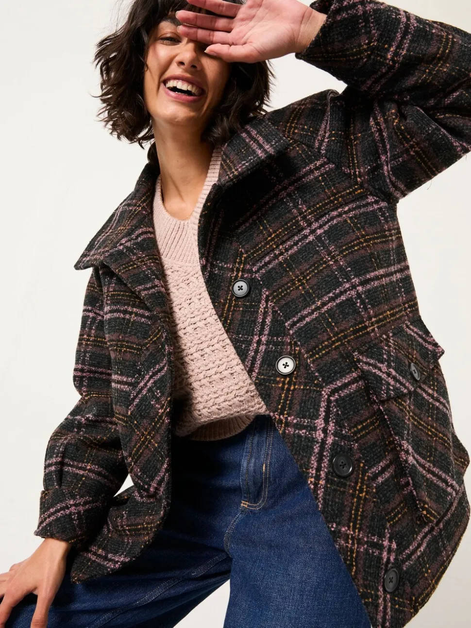 FatFace Heather Navy Check Coat