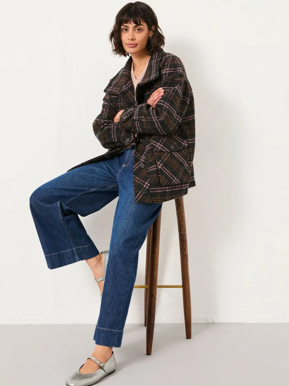 FatFace Heather Navy Check Coat