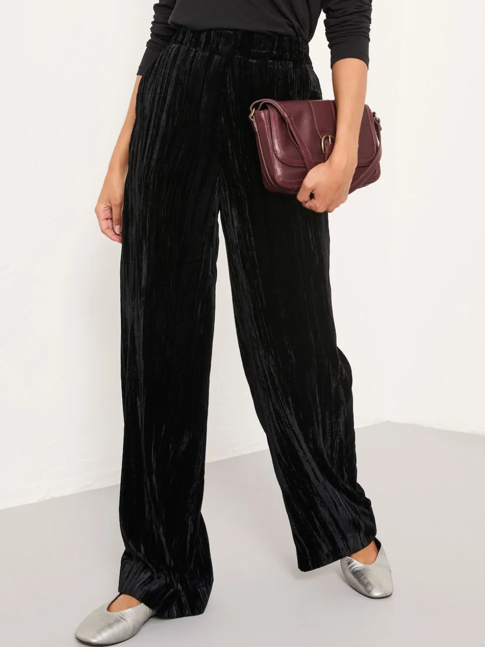 FatFace Hetty Black Wide Leg Crinkle Velvet Trousers