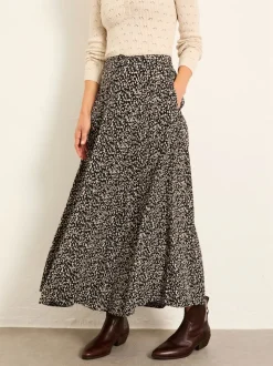FatFace Issa Black Mono Texture Midi Skirt