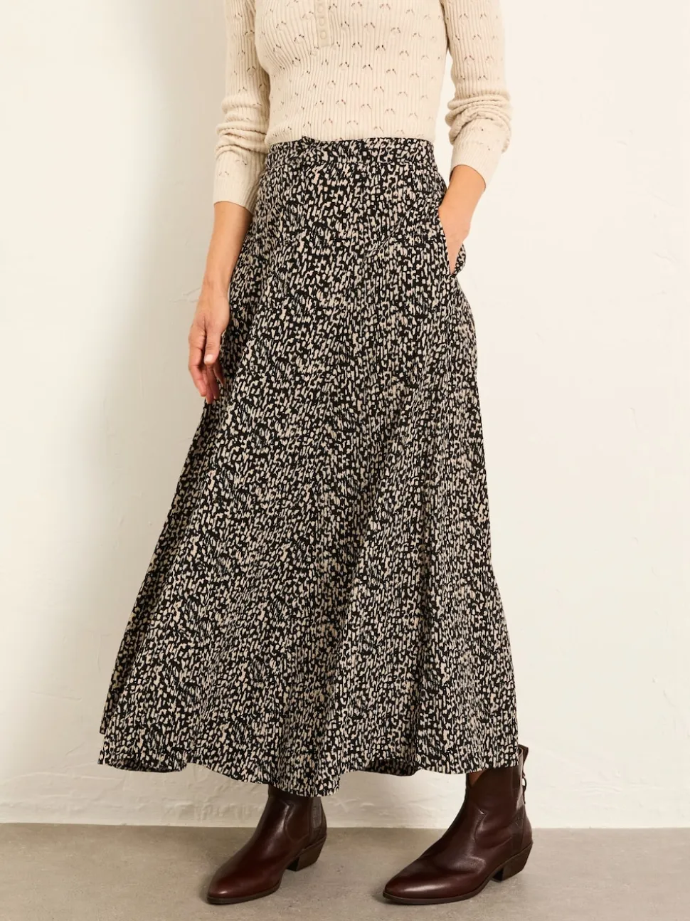 FatFace Issa Black Mono Texture Midi Skirt