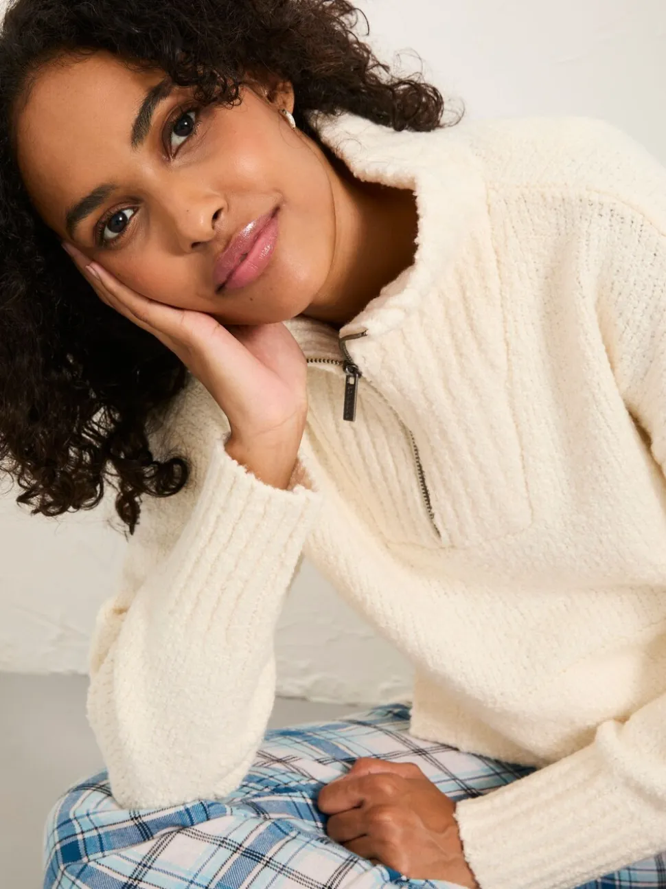 FatFace Ivory Knitted Lounge Half Neck Jumper