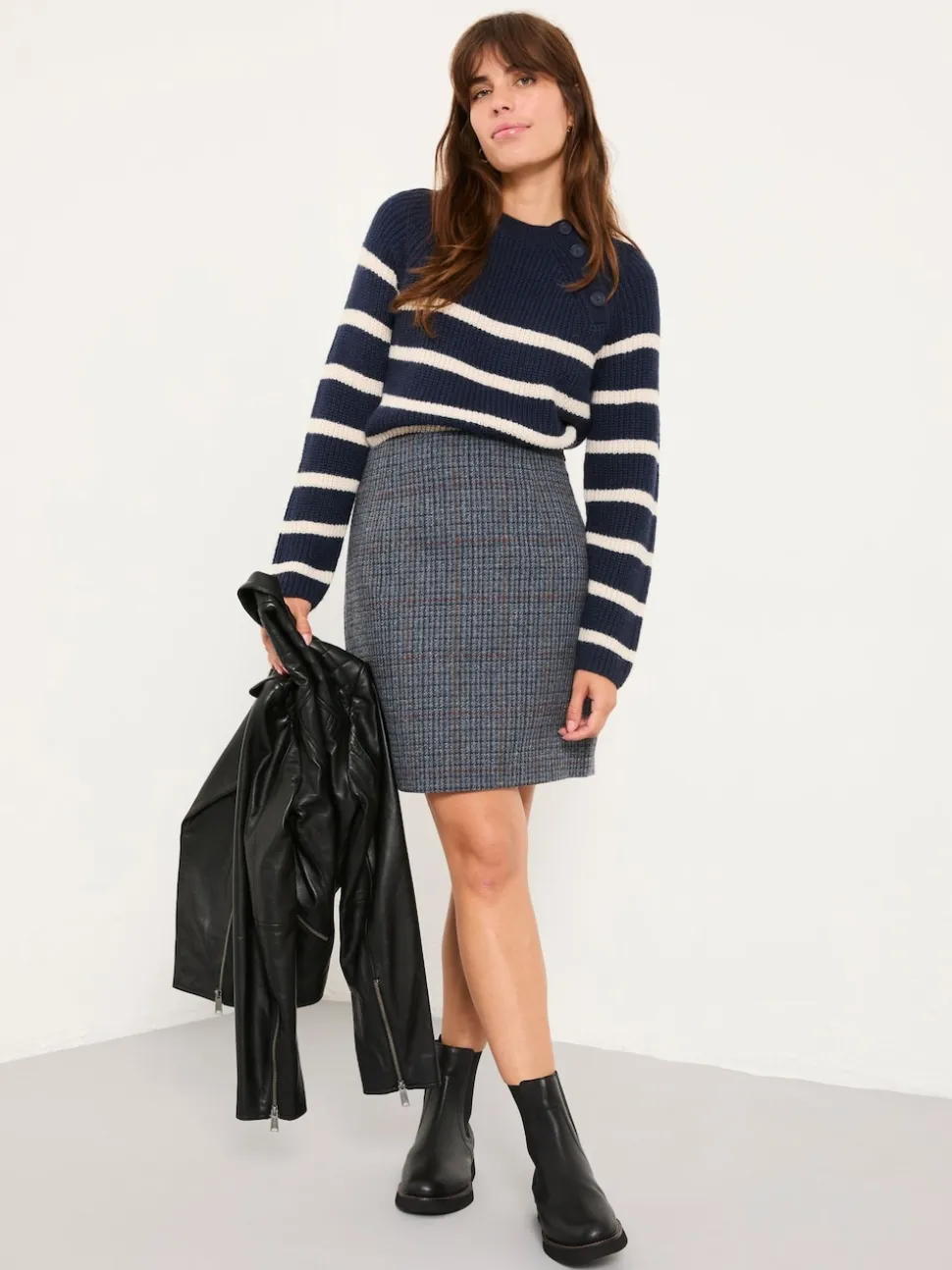 FatFace Jackie Charcoal Grey Tweed Wool Skirt