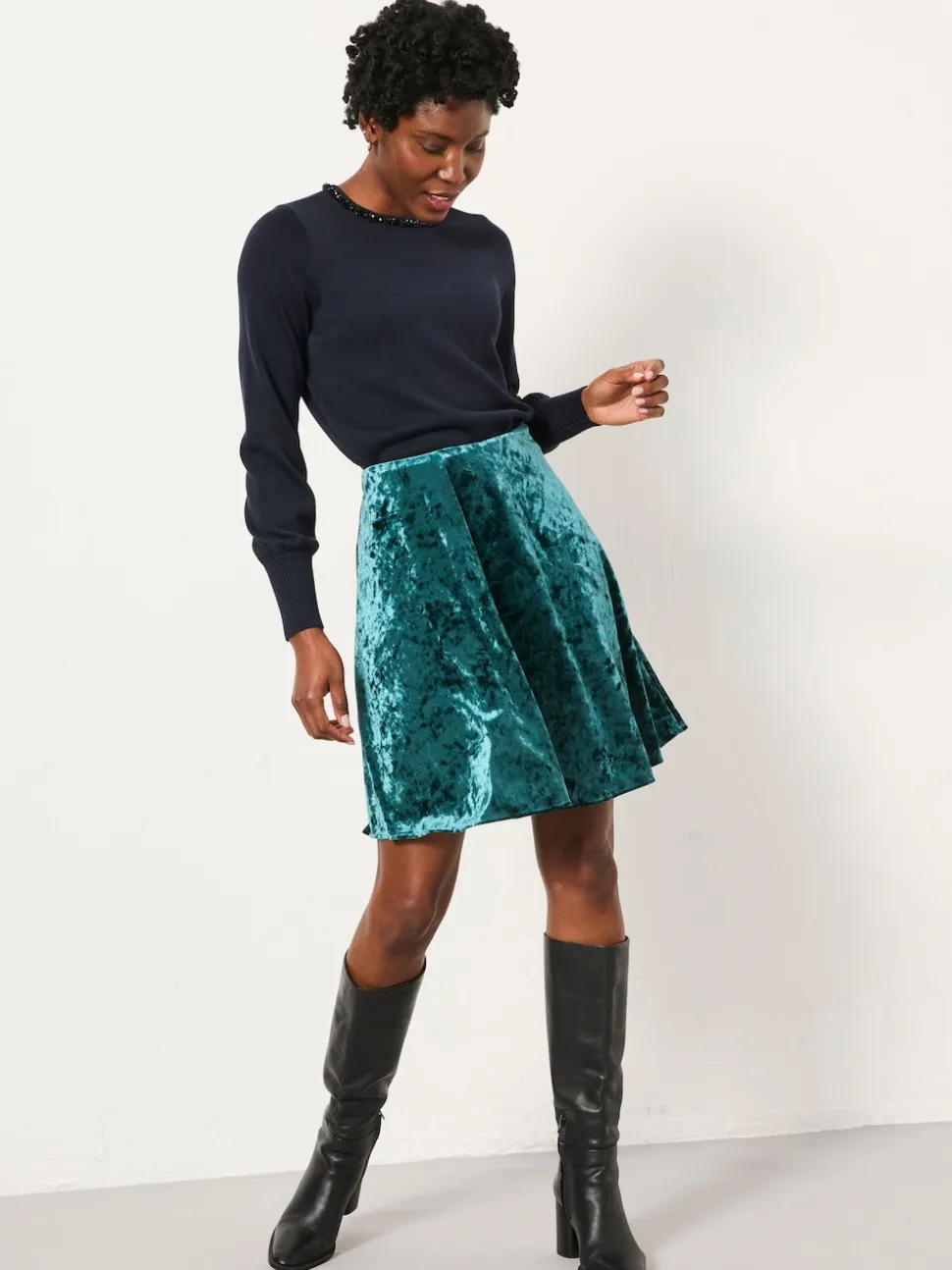 FatFace Jess Teal Blue Velvet Skirt