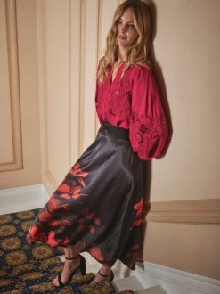 FatFace Joelle Black Floral Midi Skirt