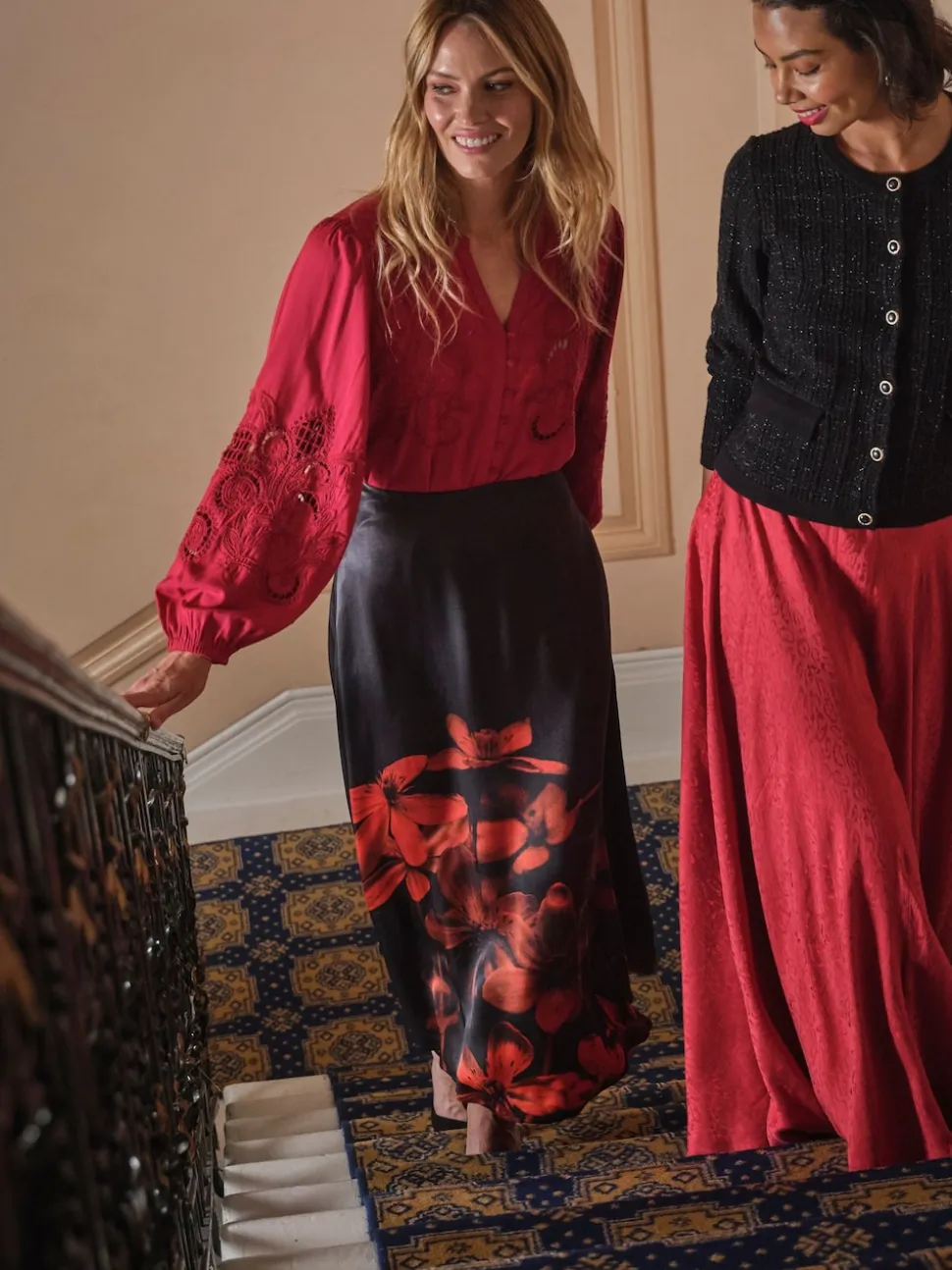 FatFace Joelle Black Floral Midi Skirt