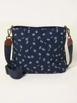 FatFace Kingston Navy Blue Canvas Floral Bee Crossbody Bag