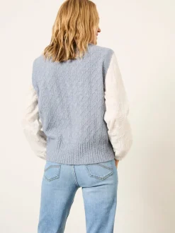FatFace Leoni Chambray Blue Knitted and Woven 2in1 Top