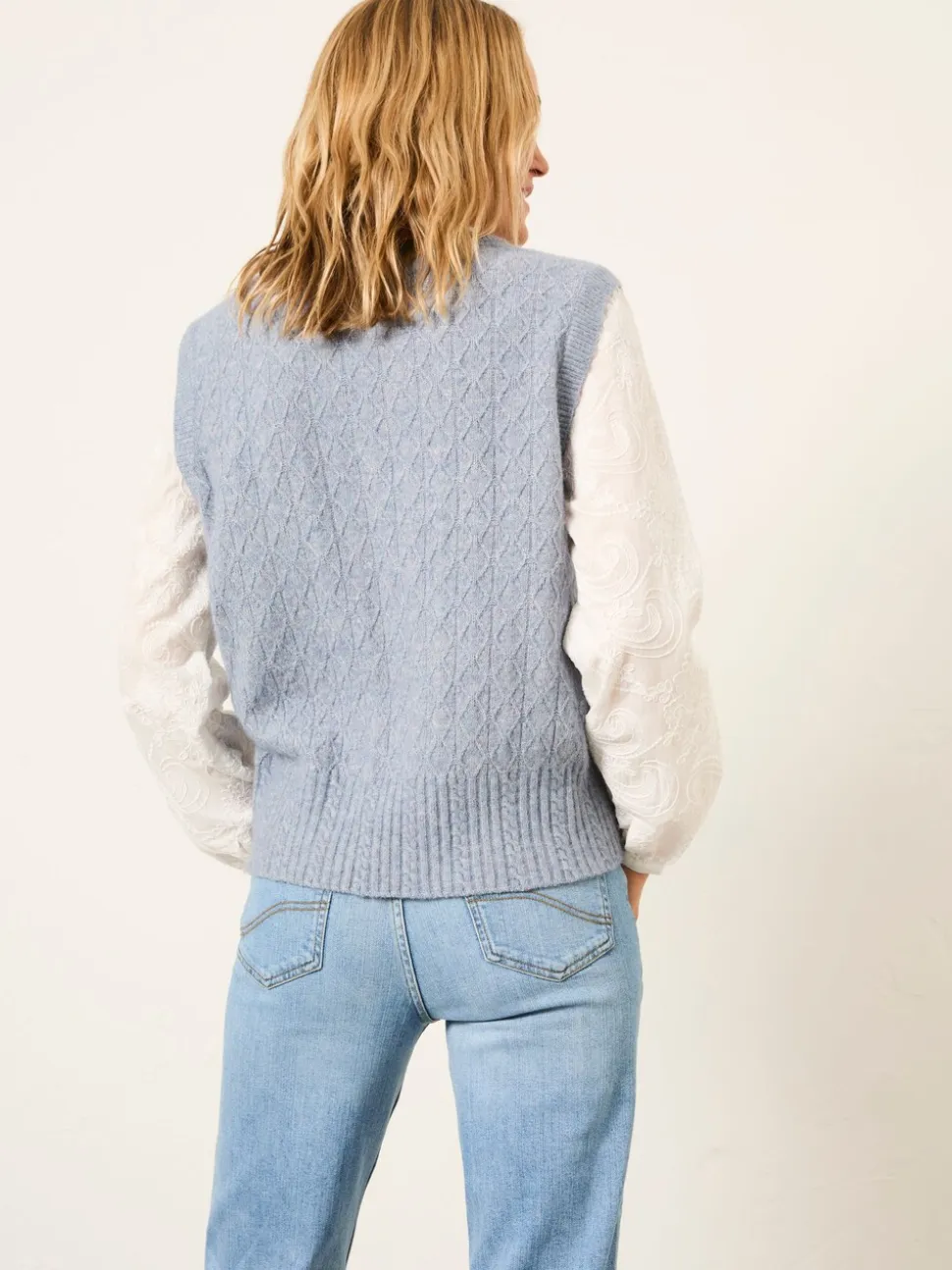 FatFace Leoni Chambray Blue Knitted and Woven 2in1 Top