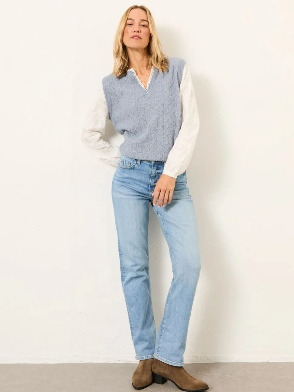 FatFace Leoni Chambray Blue Knitted and Woven 2in1 Top