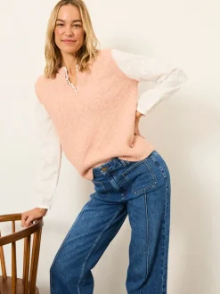 FatFace Leoni Pink Knitted and Woven 2in1 Top