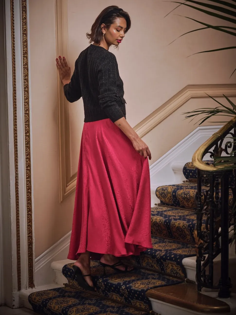 FatFace Malia Red Jacquard Midi Skirt