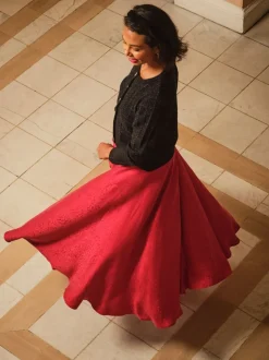 FatFace Malia Red Jacquard Midi Skirt