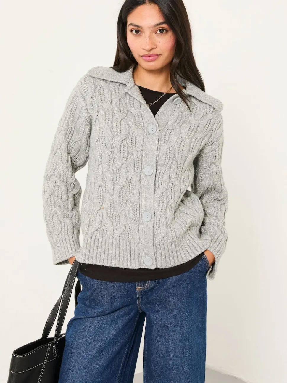 FatFace Mari Light Grey Collared Knitted Cardigan