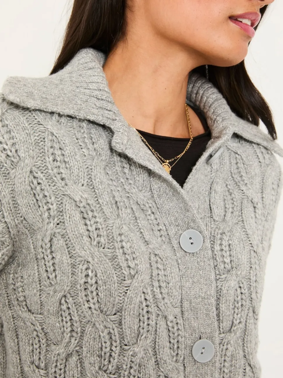 FatFace Mari Light Grey Collared Knitted Cardigan