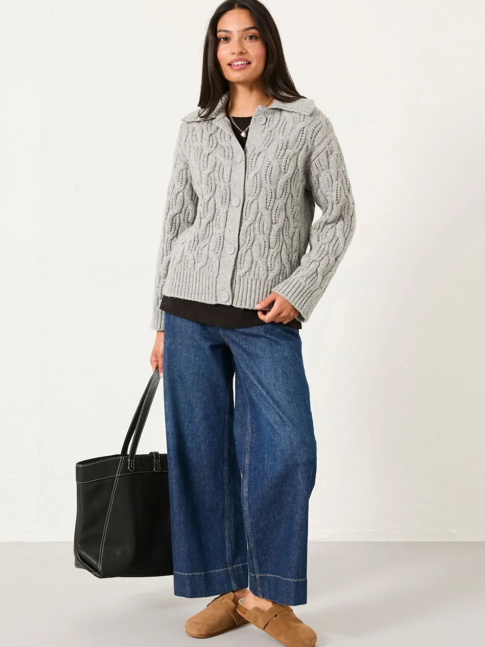FatFace Mari Light Grey Collared Knitted Cardigan