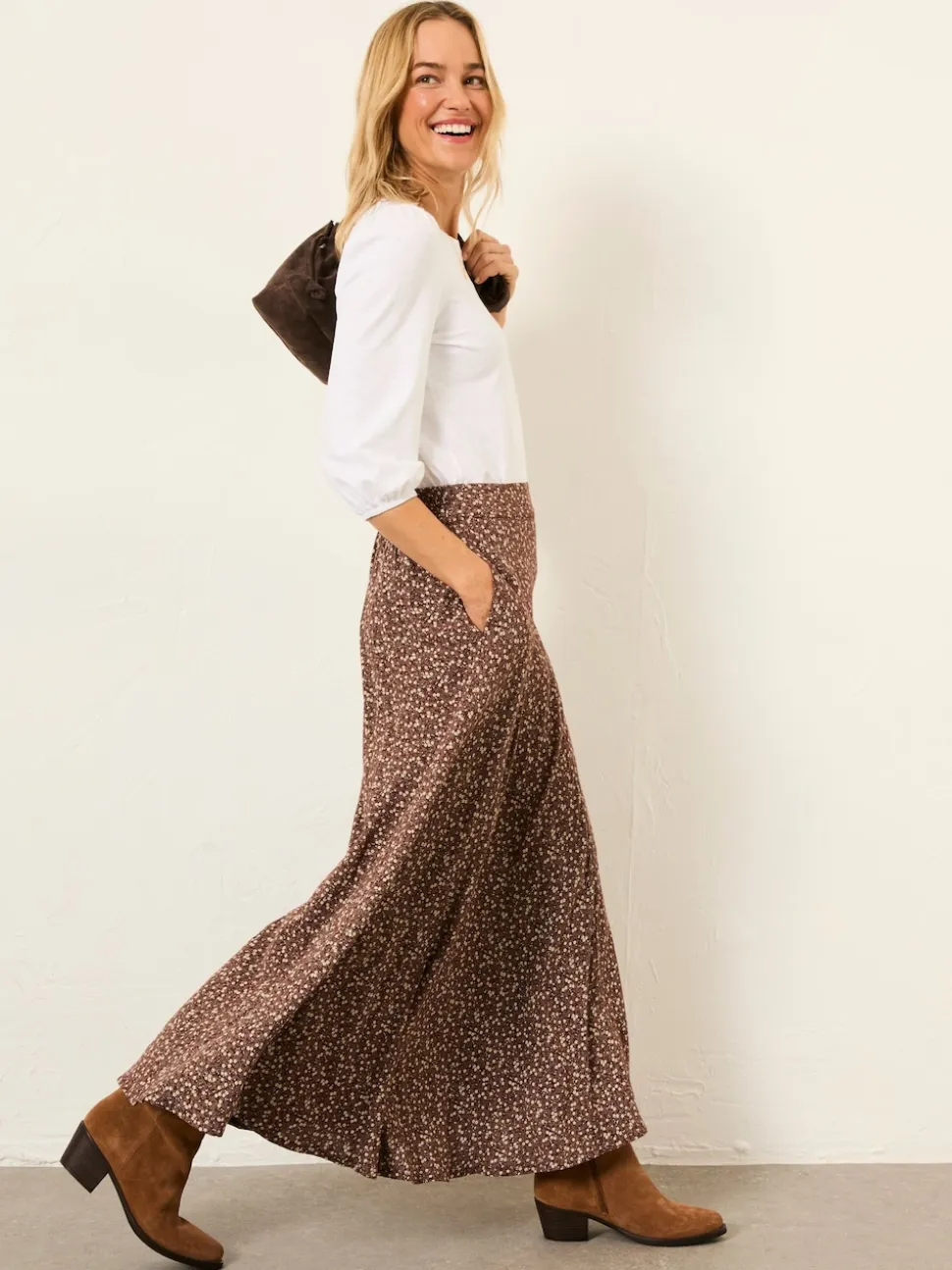 FatFace Sadie Brown Ditsy Midi Skirt
