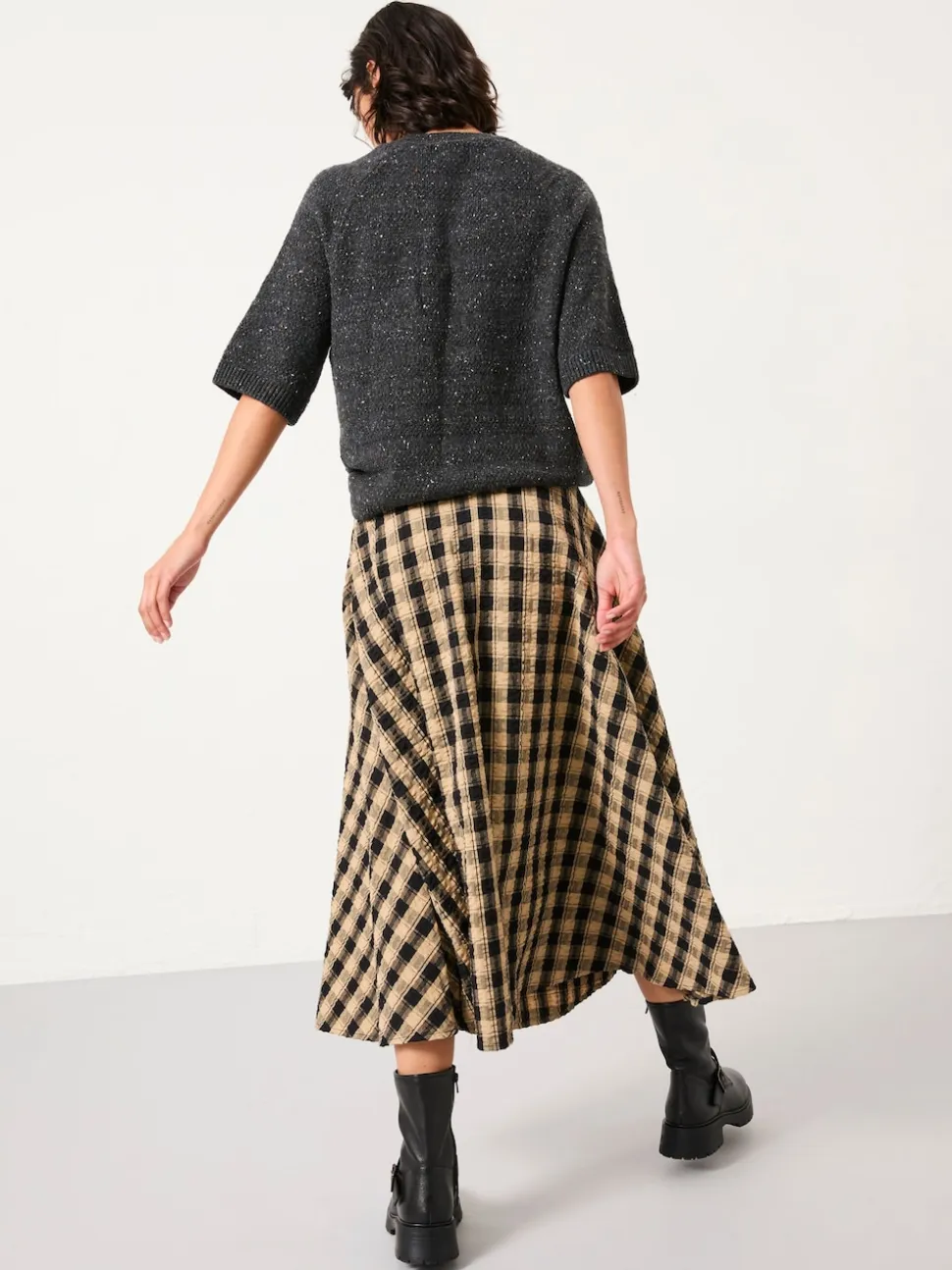 FatFace Tilda Black Check Midi Skirt