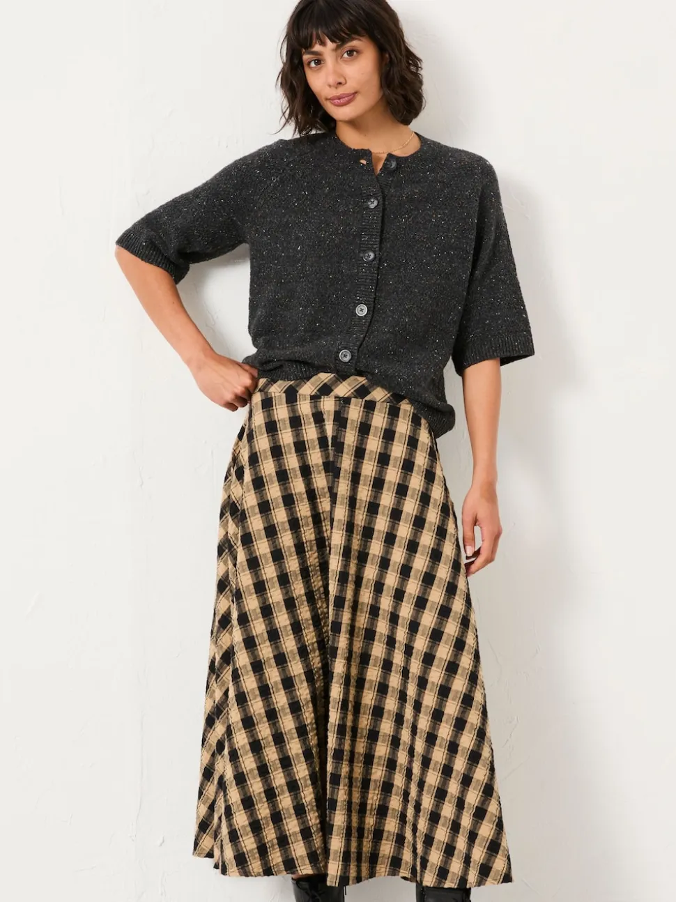 FatFace Tilda Black Check Midi Skirt