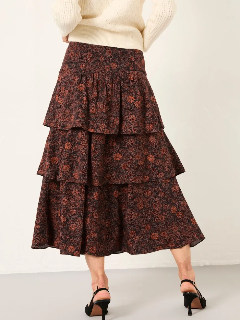FatFace Tonia Black Circle Floral Midi Skirt