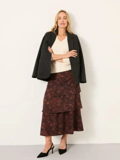 FatFace Tonia Black Circle Floral Midi Skirt