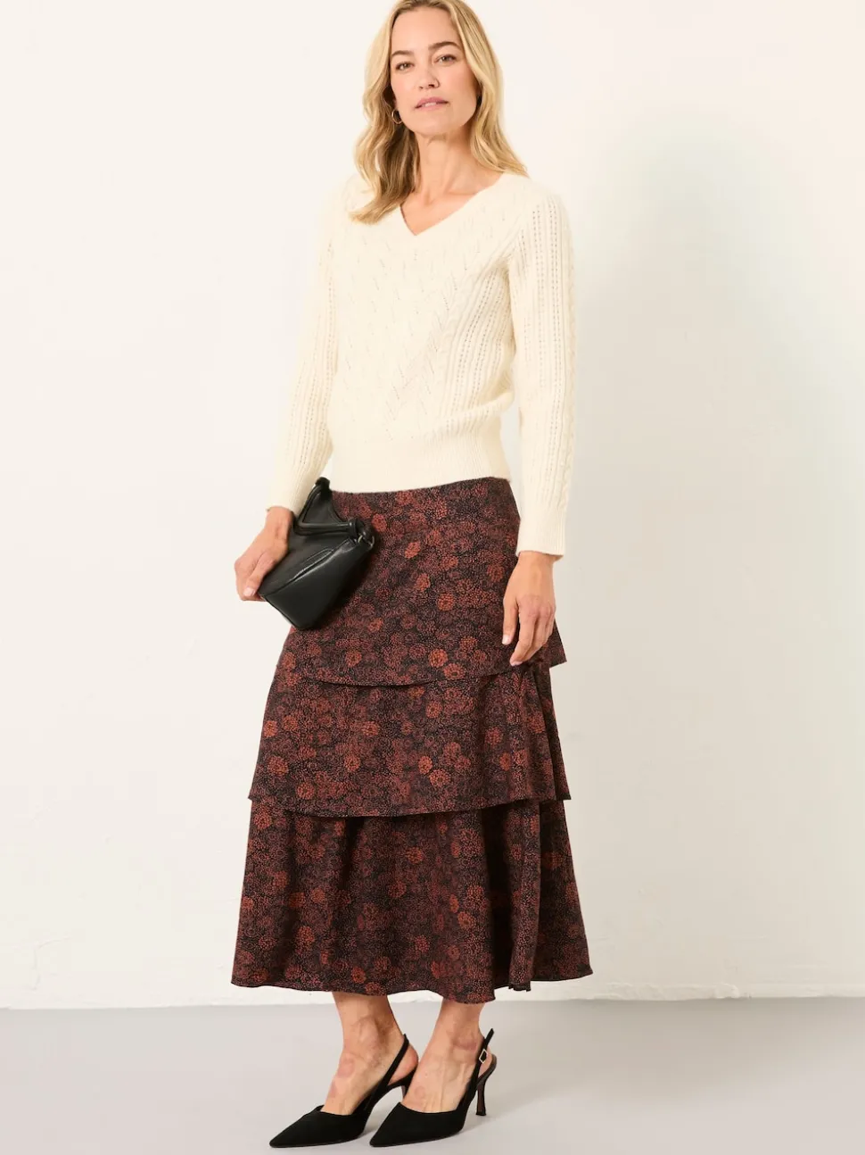 FatFace Tonia Black Circle Floral Midi Skirt