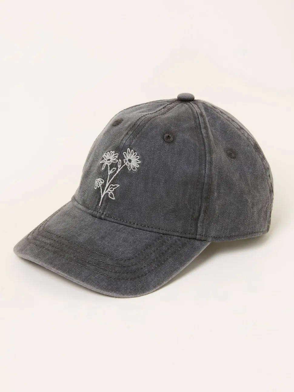 FatFace Washed Black Embroidered Daisy Cap