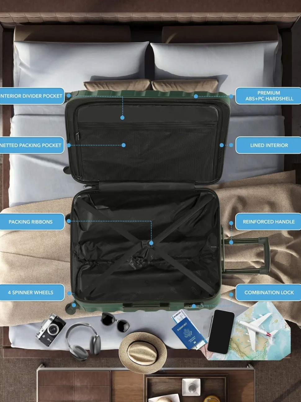 Flight Knight Medium Green Check In Hold Luggage Hardcase Travel Suitcases Set Of 2