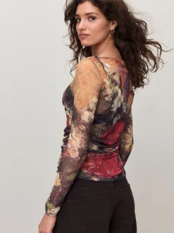 Floral Lindsey Cherek Waller Placement Mesh Long Sleeve Top