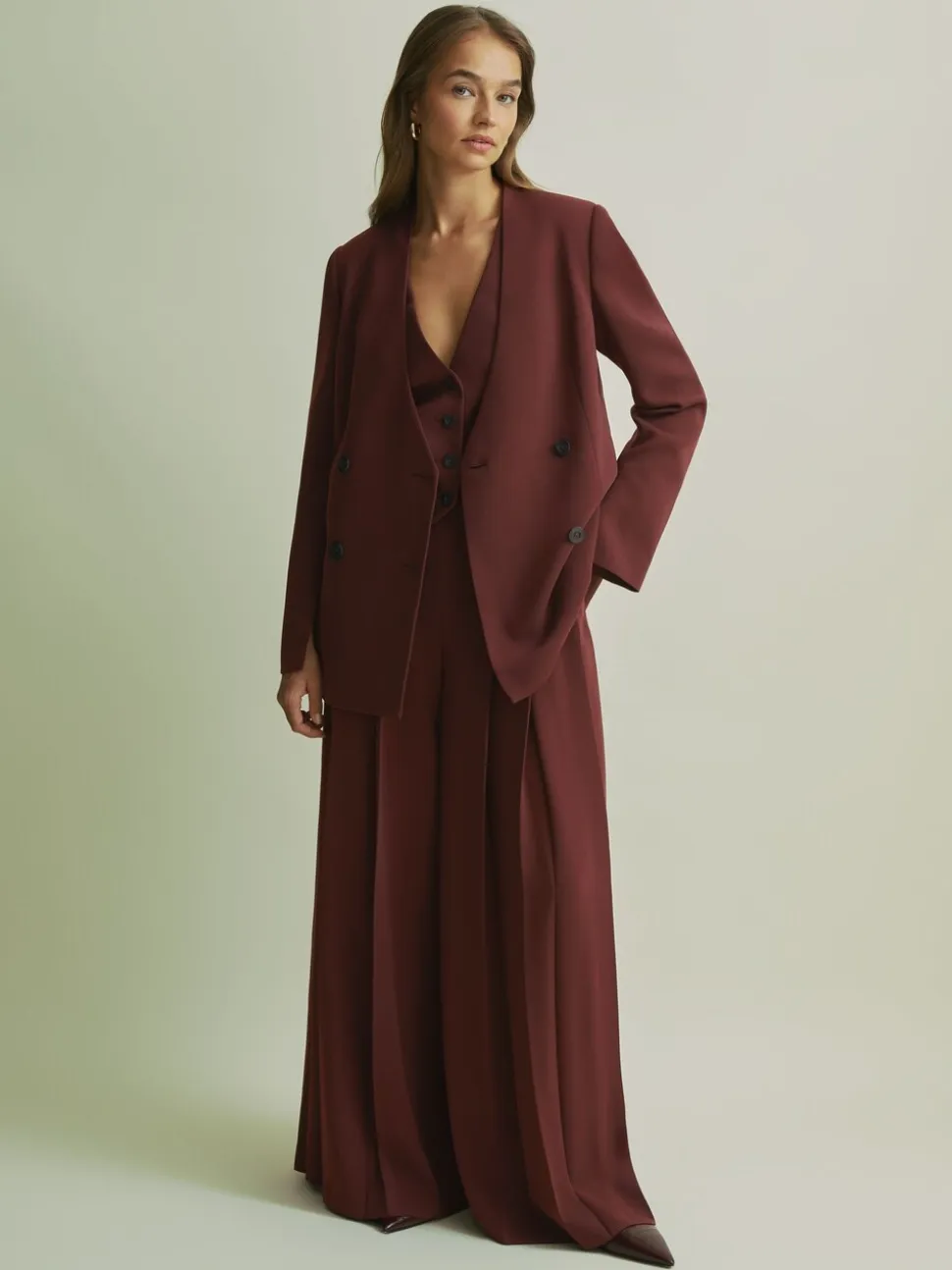 Florere Burgundy Collarless Double Breasted Blazer