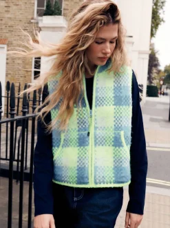 Fluro Green/Blue Check Zip-Up Knitted Brushed Gilet