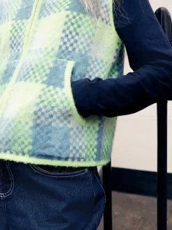Fluro Green/Blue Check Zip-Up Knitted Brushed Gilet