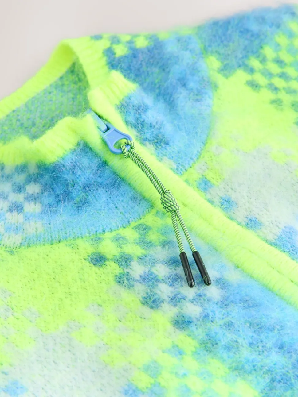 Fluro Green/Blue Check Zip-Up Knitted Brushed Gilet