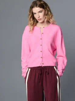 Fluro Pink Crew Neck Knitted Cardigan With Wool