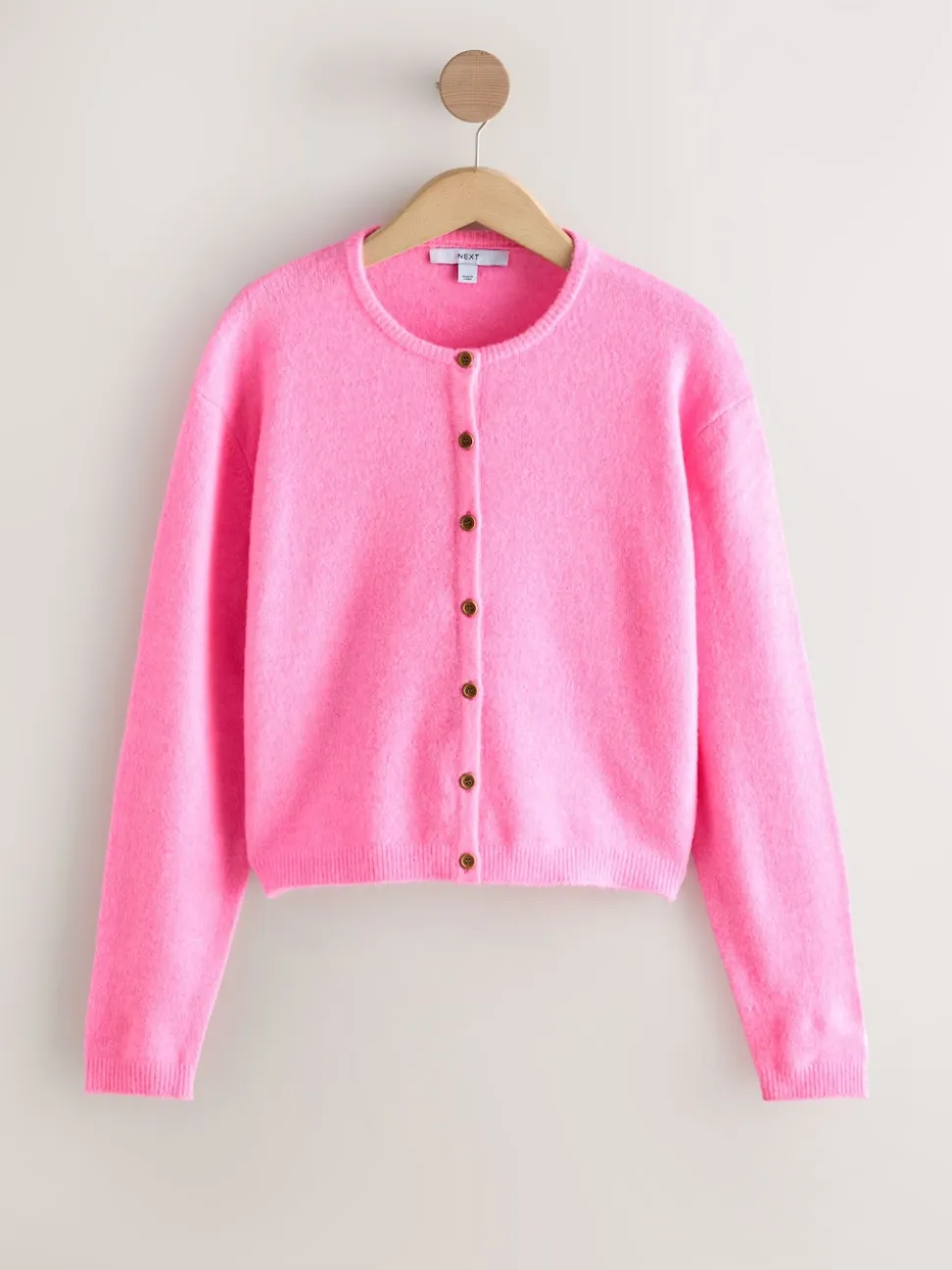 Fluro Pink Crew Neck Knitted Cardigan With Wool