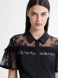 French Connection Black Miles Lace Mix Midi Dress