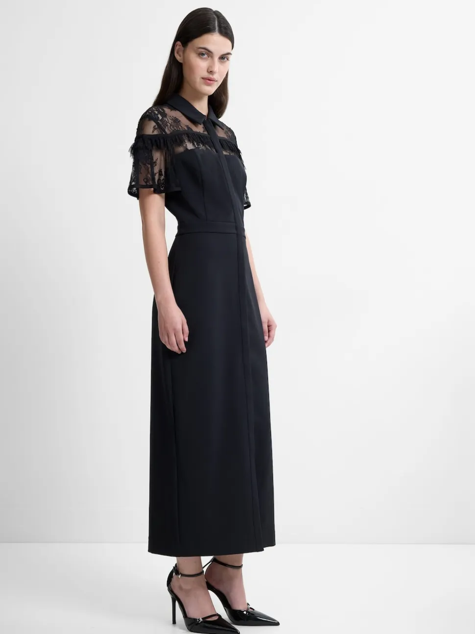 French Connection Black Miles Lace Mix Midi Dress