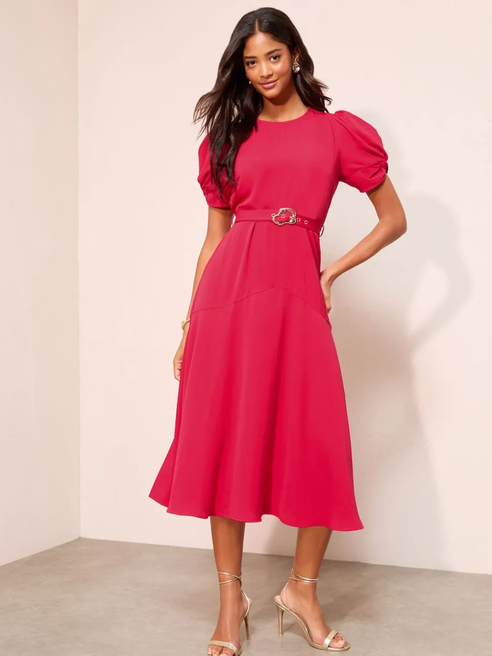 Friends Like These Berry Red Ruched Short Sleeve Belted Midi Dress