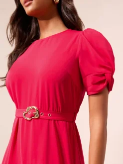 Friends Like These Berry Red Ruched Short Sleeve Belted Midi Dress