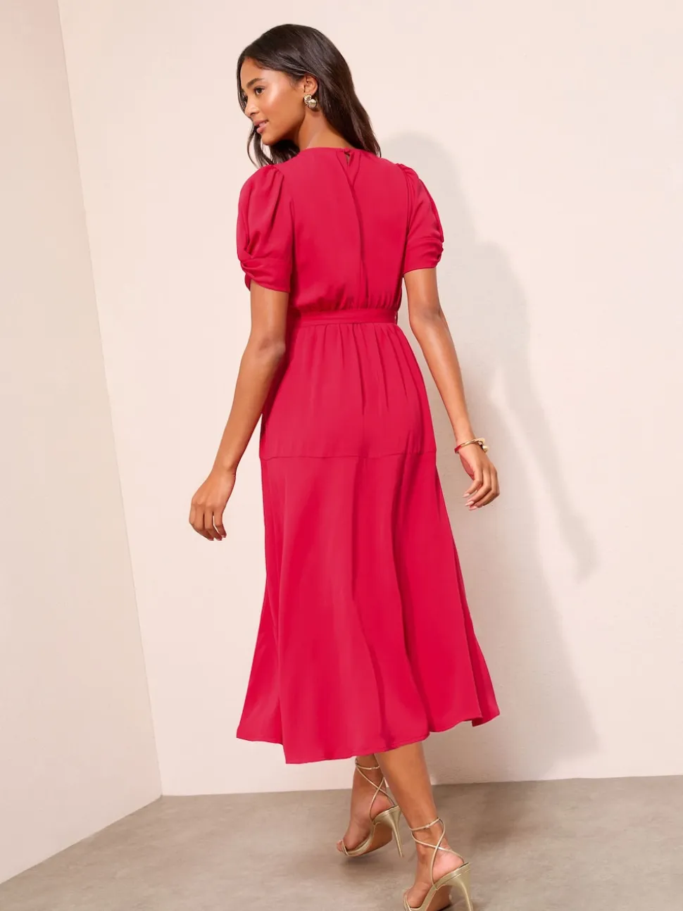 Friends Like These Berry Red Ruched Short Sleeve Belted Midi Dress