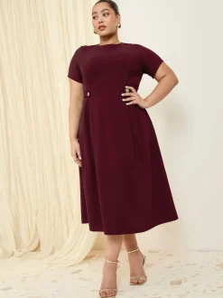 Friends Like These Berry Red Curve Tab Detail Short Sleeve Midi Tailored Dress