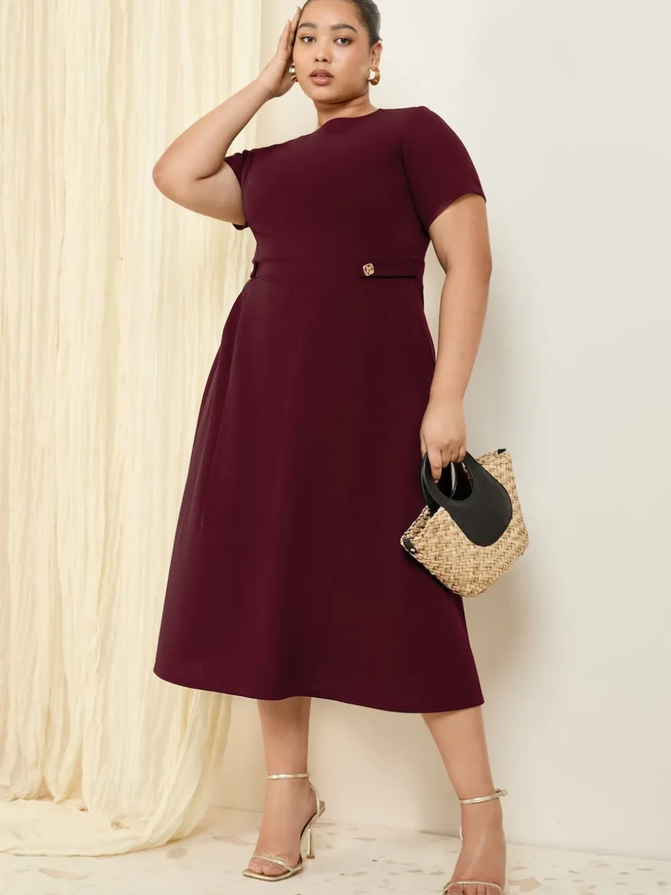 Friends Like These Berry Red Curve Tab Detail Short Sleeve Midi Tailored Dress