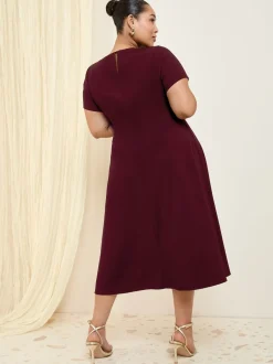 Friends Like These Berry Red Curve Tab Detail Short Sleeve Midi Tailored Dress