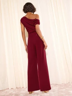 Friends Like These Berry Red Petite Off The Shoulder Scuba Wide Leg Jumpsuit