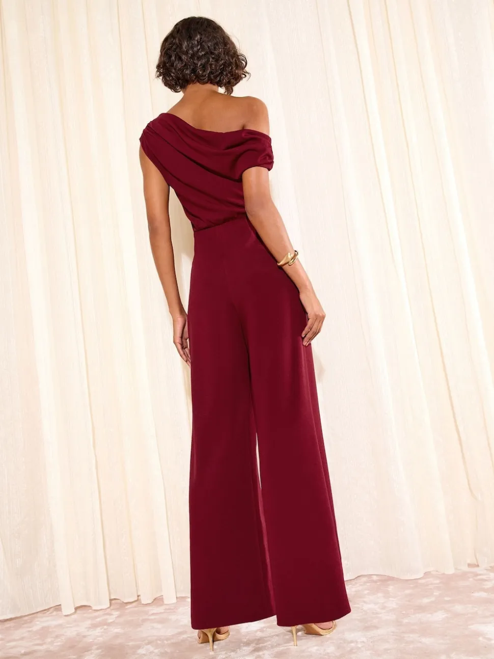Friends Like These Berry Red Petite Off The Shoulder Scuba Wide Leg Jumpsuit