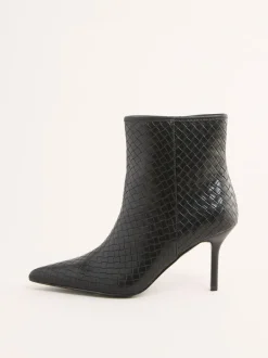Friends Like These Black Faux Leather Mid Heel Smart Point Toe Woven Ankle Boots