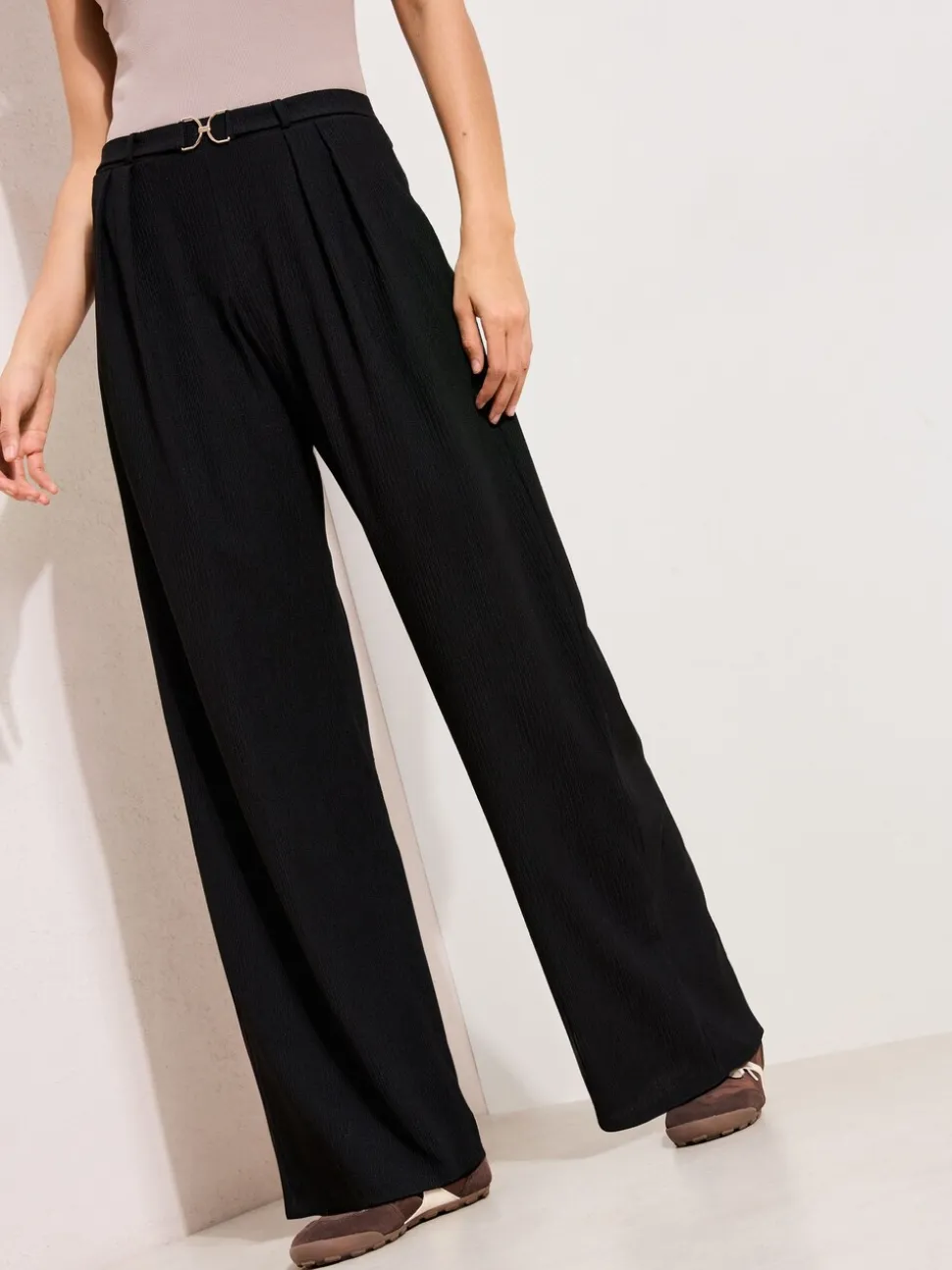 Friends Like These Black Crinkle Jersey Wide Leg Trousers with Buckle Front