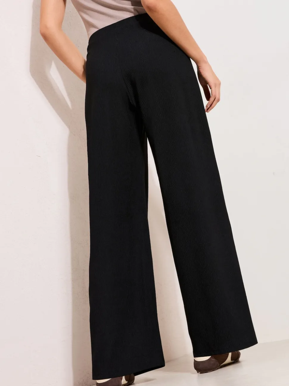 Friends Like These Black Crinkle Jersey Wide Leg Trousers with Buckle Front